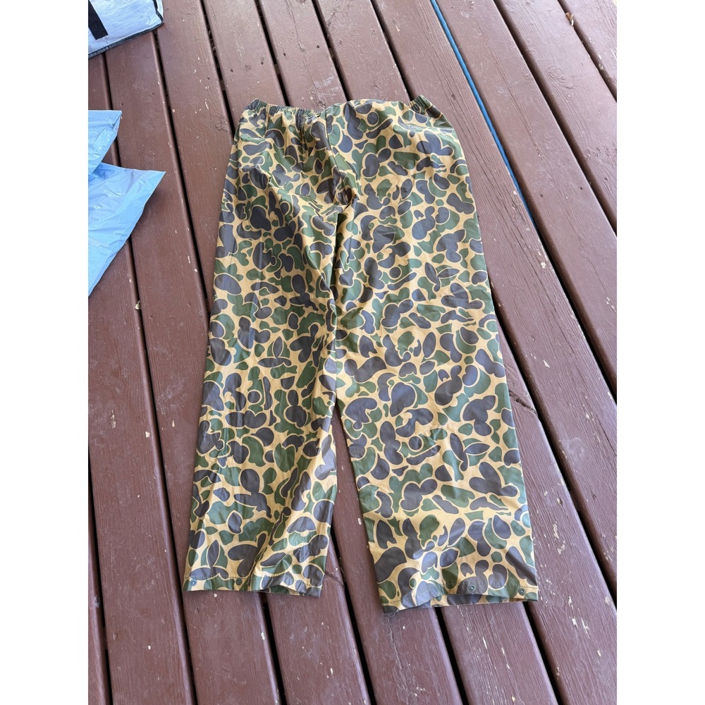 Vintage Cabelas Duck Camo Rain Pants Mens Large PVC Coated Nylon 90s Hunting
